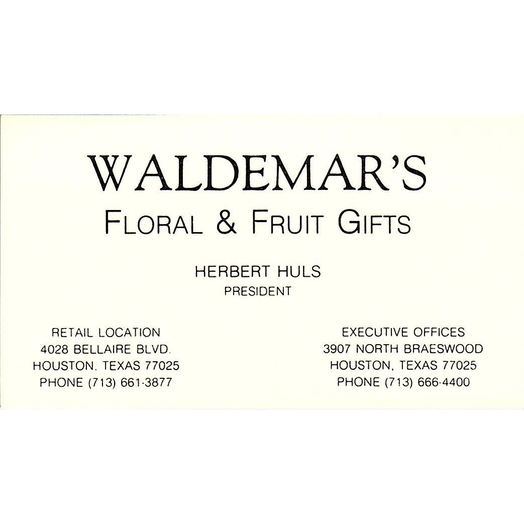 Waldermar's Floral & Fruits Gifts Herbert Huls, Houston TX Business Card SF3-B8