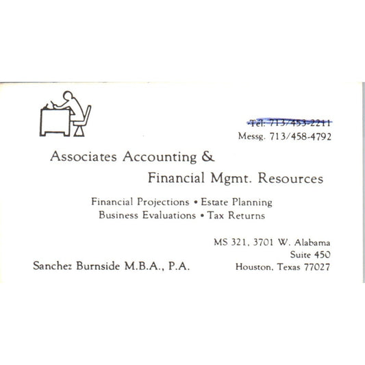 Associates Accounting Sanchez Burnside Houston TX Vintage Business Card SD8-B9