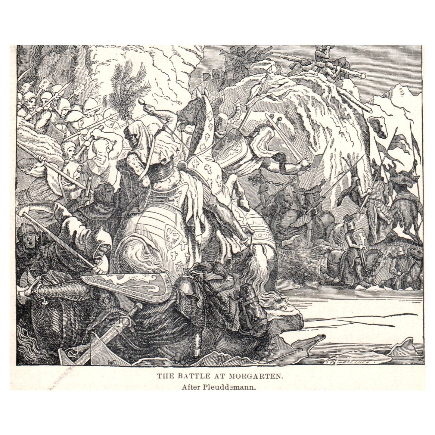 The Battle at Morgarten after Plueddemann 1911 Engraving Print AF5-7