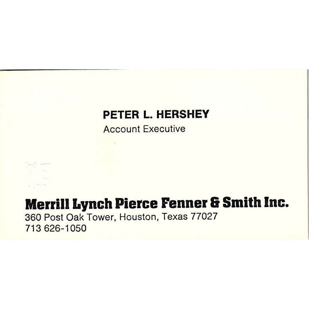 Merrill Lynch Peter L Hershey Houston Texas Vintage Business Card SB4-B1