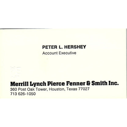 Merrill Lynch Peter L Hershey Houston Texas Vintage Business Card SB4-B1