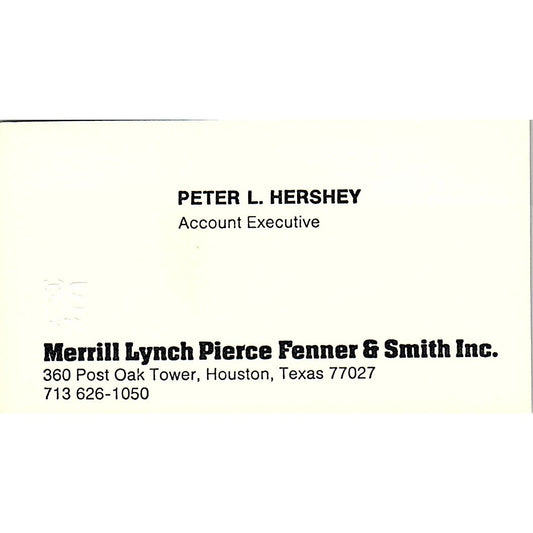 Merrill Lynch Peter L Hershey Houston Texas Vintage Business Card SB4-B1