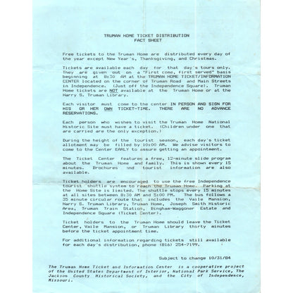 1984 Truman Home Fact Sheet Independence MO Shuttle Bus Map D23