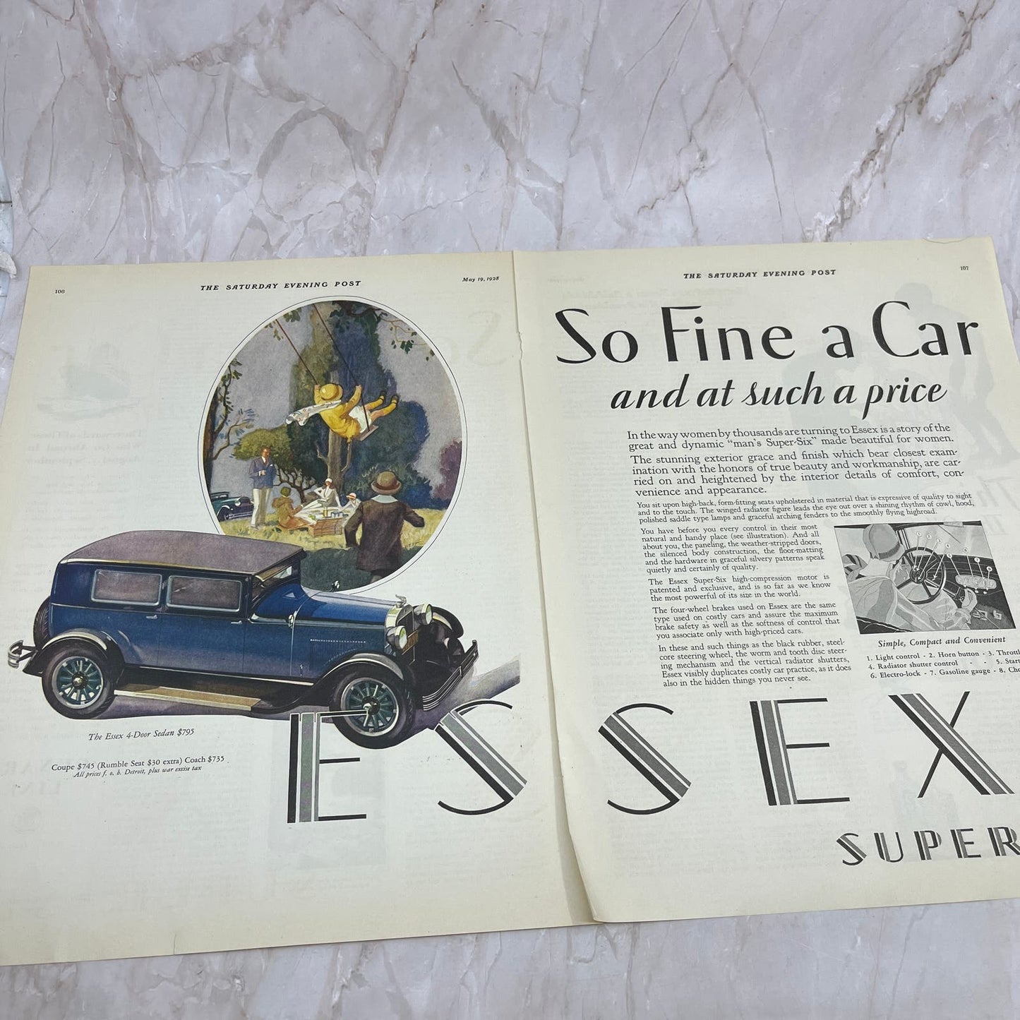 Essex Super Six Sedan 2 Pages 1928 Original Magazine Advertisement FL6-8