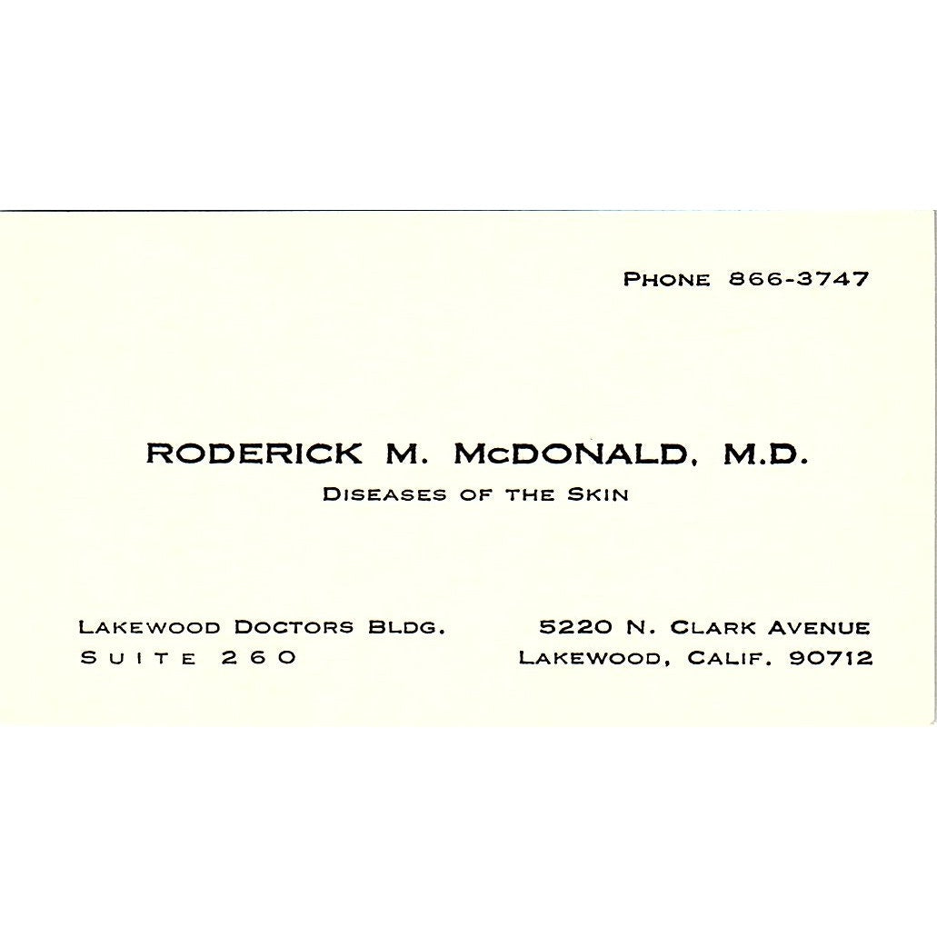 Roderick M McDonald Disease Of The Skin Lakewood CA Vintage Business Card SB4-B1