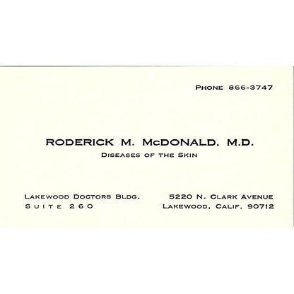 Roderick M McDonald Disease Of The Skin Lakewood CA Vintage Business Card SB4-B1
