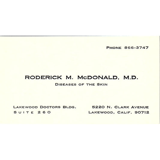 Roderick M McDonald Disease Of The Skin Lakewood CA Vintage Business Card SB4-B1