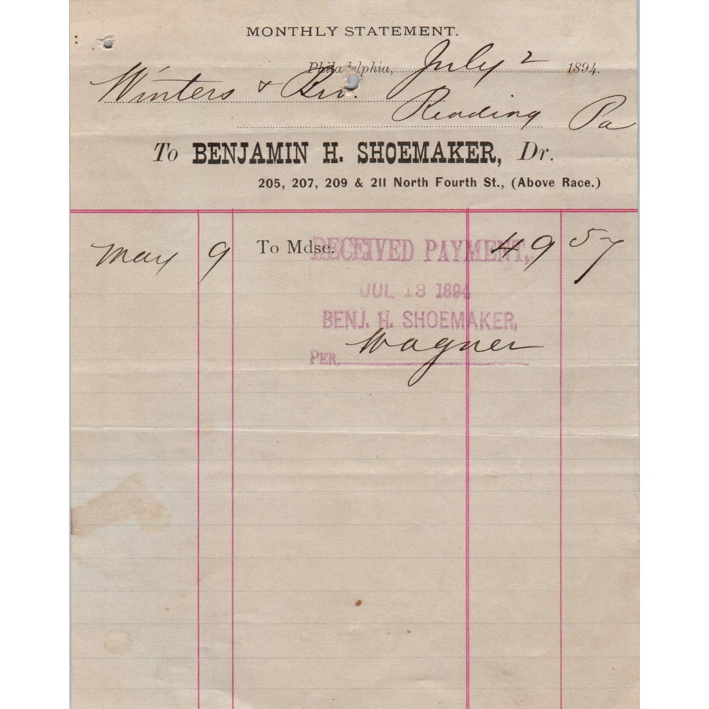 1894 Benjamin H. Shoemaker Philadelphia Original Billhead Letterhead Receipt AE7