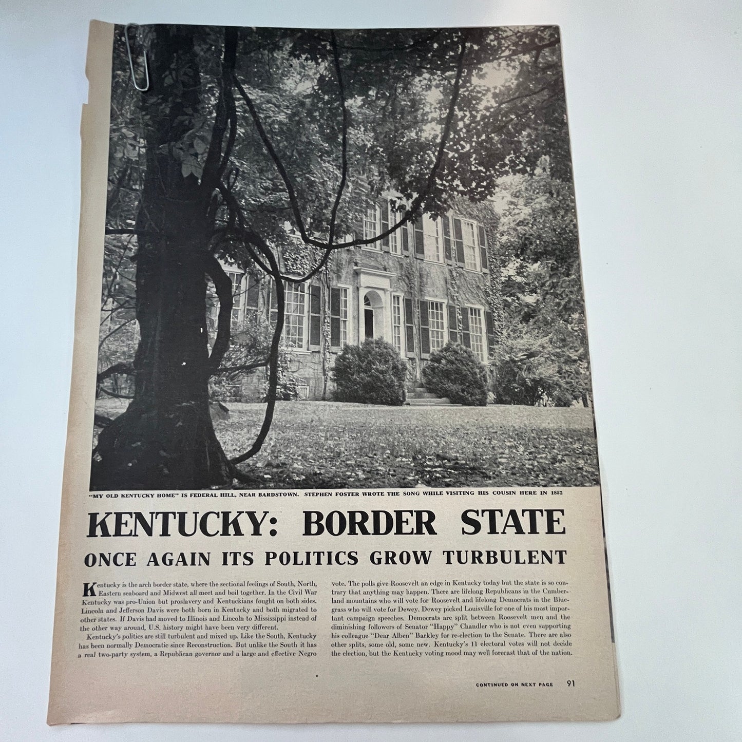Kentucky: Border State Turbulent Politics 4 Pages 1940s WWII Era Article V30-1