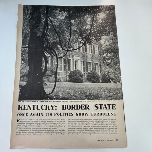 Kentucky: Border State Turbulent Politics 4 Pages 1940s WWII Era Article V30-1