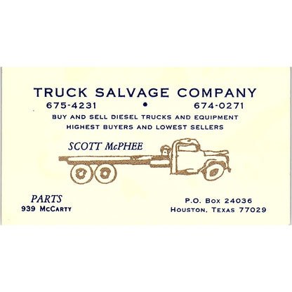 Truck Salvage Company Scott McPhee Houston Vintage Business Card SD9-B13