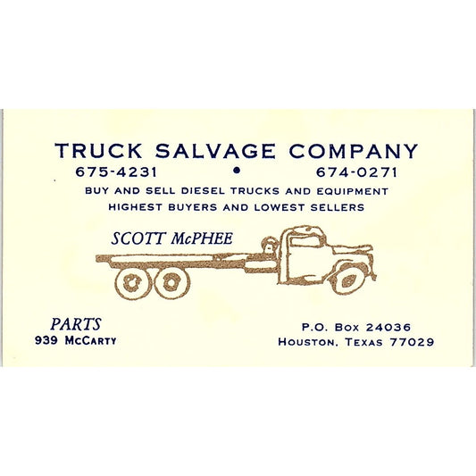 Truck Salvage Company Scott McPhee Houston Vintage Business Card SD9-B13
