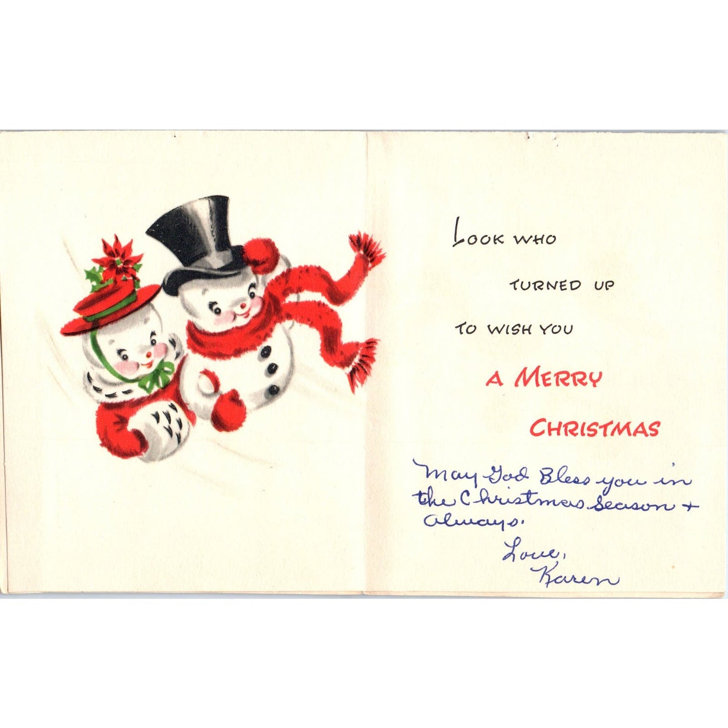 c1950 Flocked Snowman With Puppy Christmas Greeting Card AE2