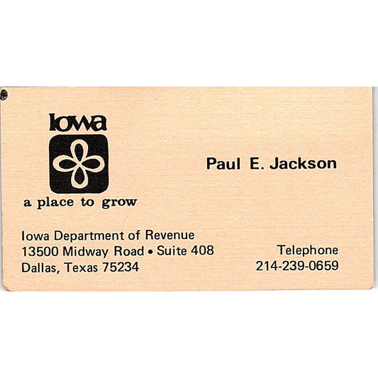 Paul E Jackson Lowa Department Of Revenue Dallas TX Vintage Business Card SF3-B3