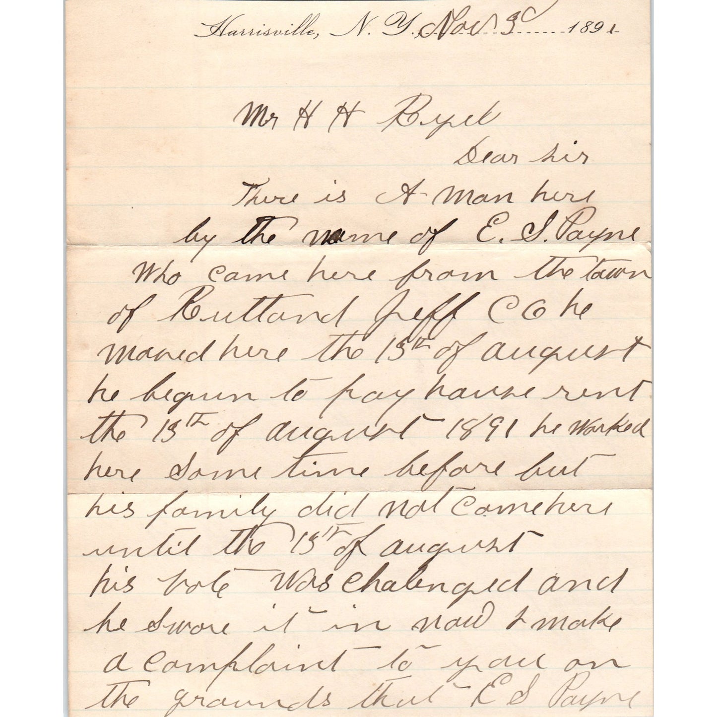 1891 Harrisville NY Charles Wadsworth to H.H. Byck AB6-OD1