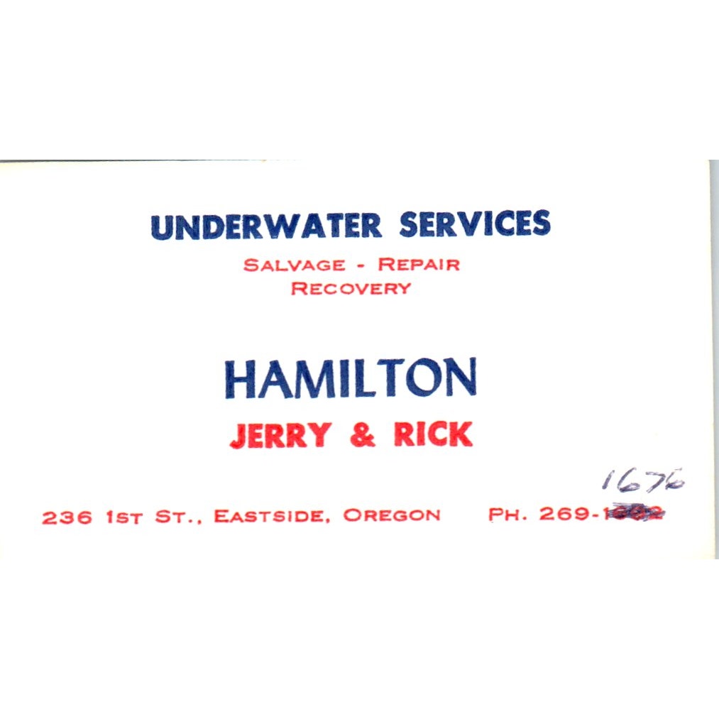 Hamilton Underwater Services Jerry & Rick Eastside OR Vtg Business Card SD8-B8
