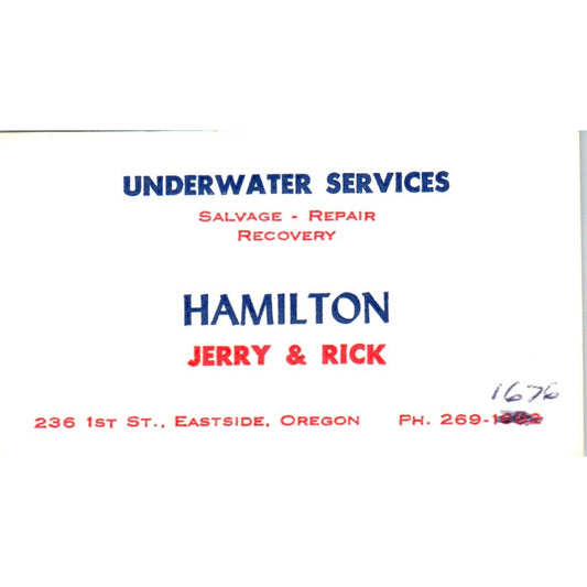 Hamilton Underwater Services Jerry & Rick Eastside OR Vtg Business Card SD8-B8