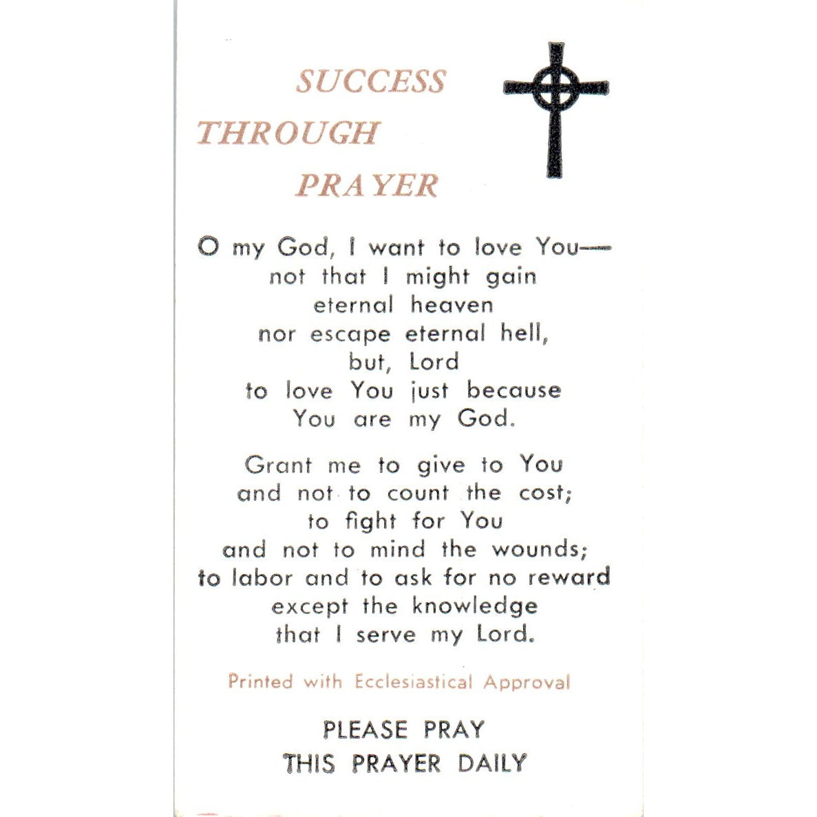 Success Through Prayer Vintage Catholic Prayer Card TH2-PC1