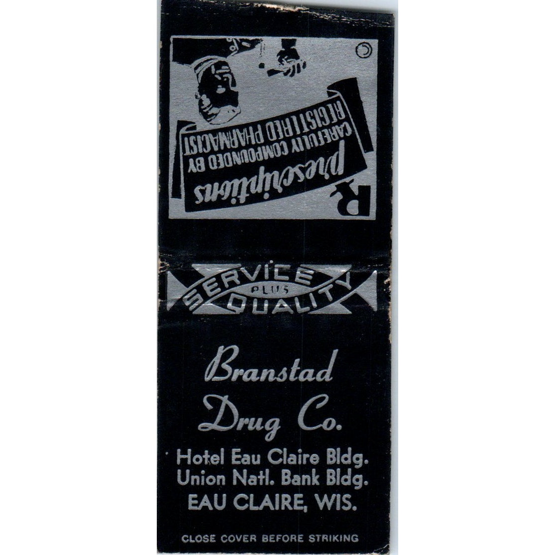 Branstad Drug Co Hotel Eau Claire WI Vintage Matchbook Cover SD4-Y2