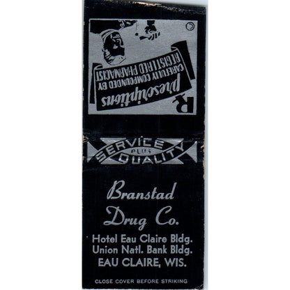 Branstad Drug Co Hotel Eau Claire WI Vintage Matchbook Cover SD4-Y2