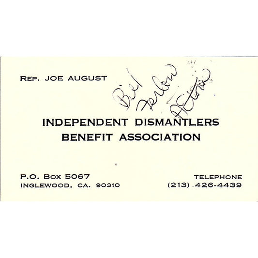 Joe August Independent Dismantlers Benefit Assn Inglewood Business Card SE3-B14