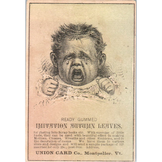 Baby Crying Gummed Leaves Union Card Montpelier c1880 Victorian Trade Card AE2