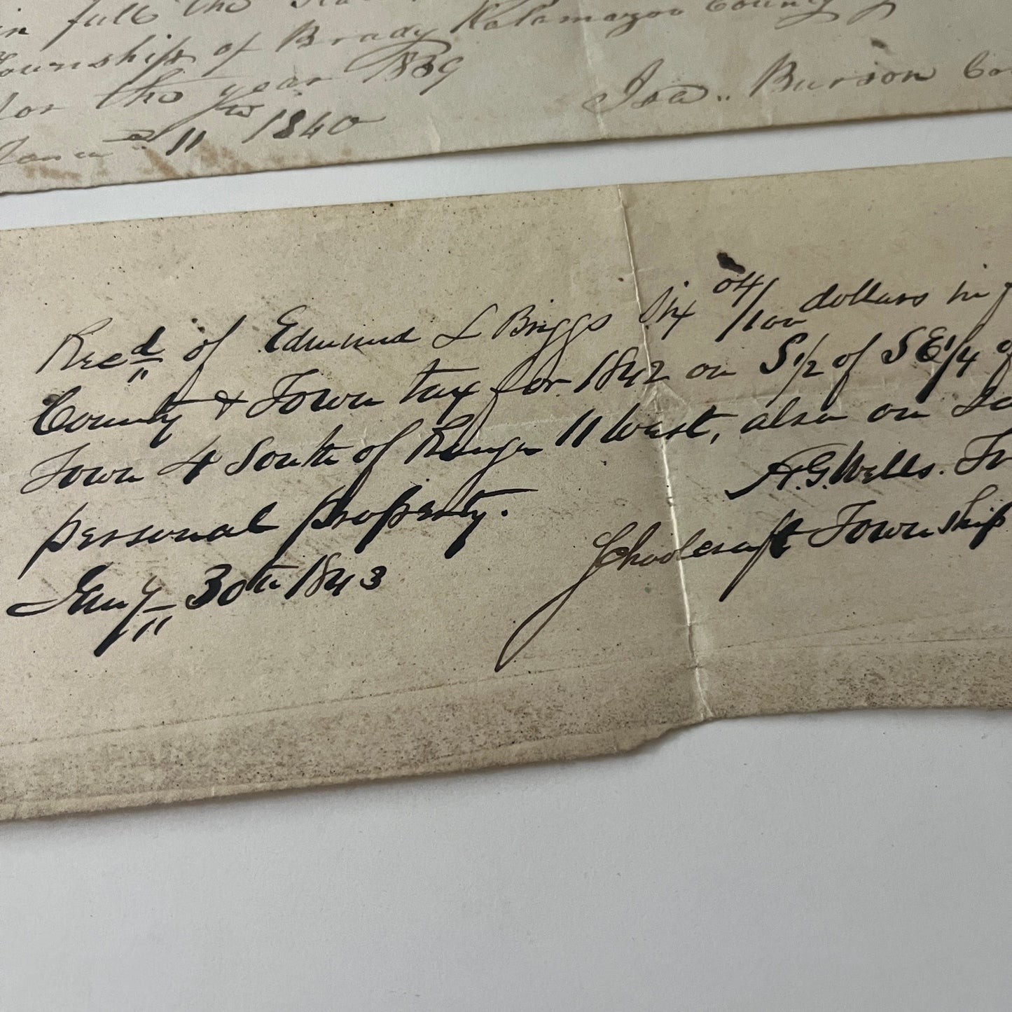 Edmund L. Briggs Brady Twp MI 1840-1844 Lot of 3 Original Handwritten Stubs K23