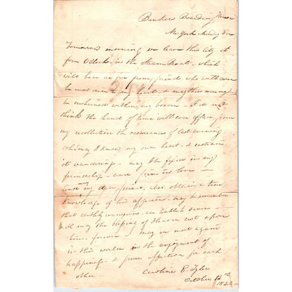 1828 Original Handwritten Letter Bunkers Boarding House NY Caroline B. Tyler D21