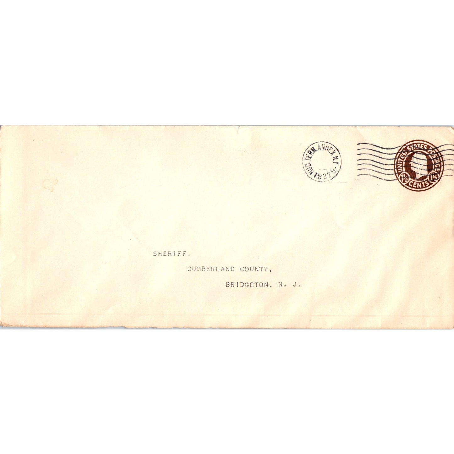 1932 Sheriff Cumberland County Bridgeton NJ Postal Cover Envelope TH9-L2