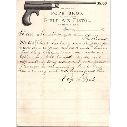 1870s Pope Bros Air Rifle Pistol Manufacturers 45 High St. Boston Billhead J16