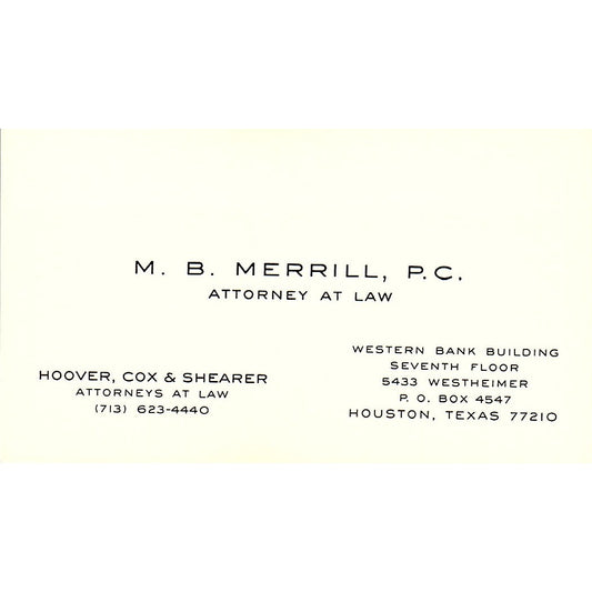 M.B. Merrill P.C. Attorney Houston Vintage Business Card SE3-B12
