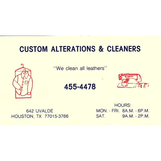 Custom Alterations & Cleaners Houston TX Vintage Business Card SSB4-B12