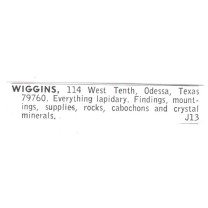 Wiggins Lapidary Supply Odessa Texas 1972 Ad AF8-S13