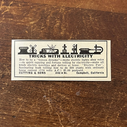 Human Dynamo Tricks With Electricity Cutting & Sons Campbell CA 1931 Ad AG1-S7