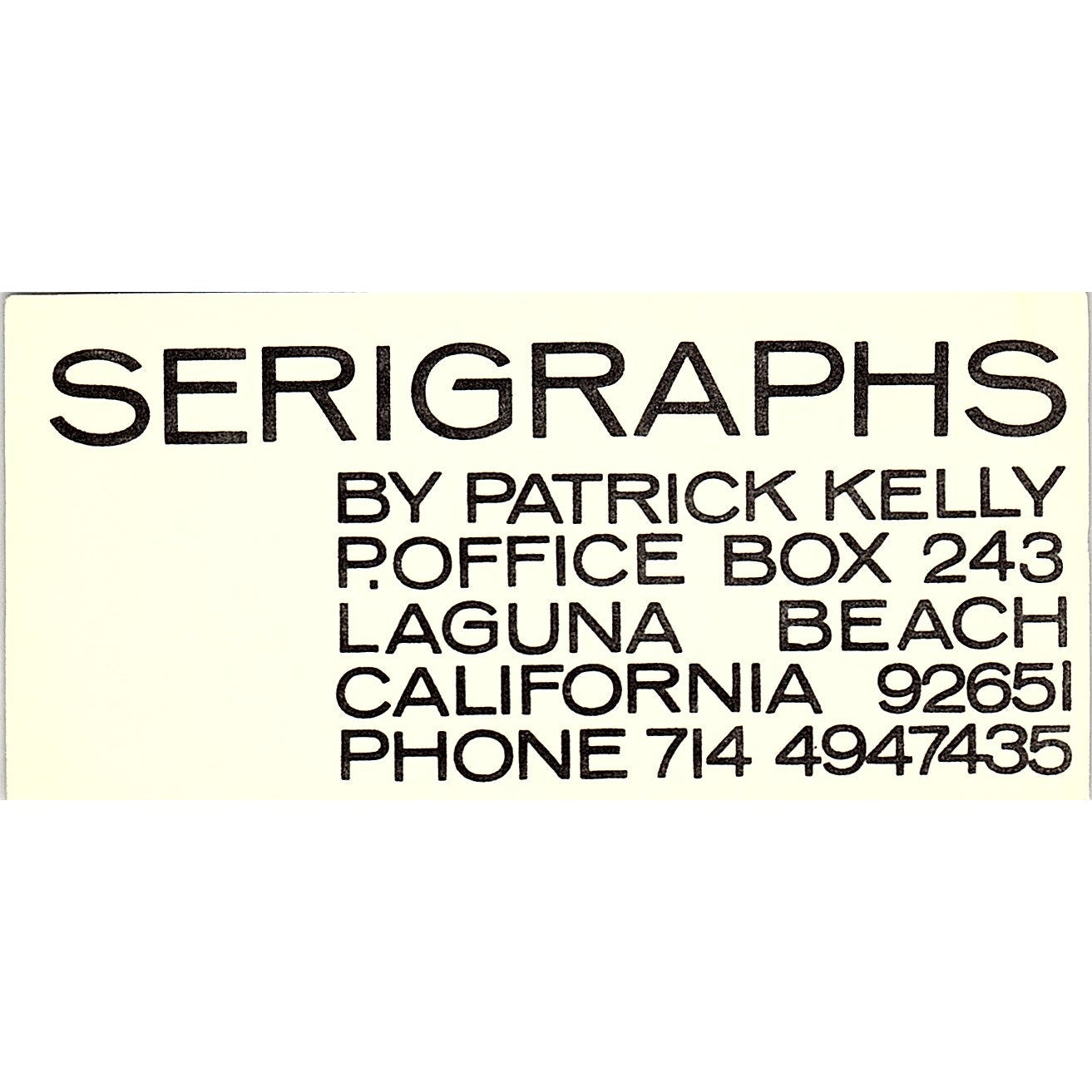 Serigraphs by Patrick Kelly Laguna Beach CA Vintage Business Card TH2-B1