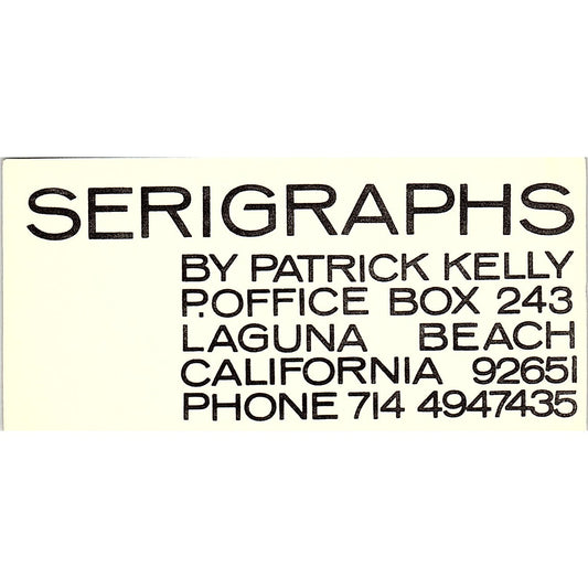 Serigraphs by Patrick Kelly Laguna Beach CA Vintage Business Card TH2-B1