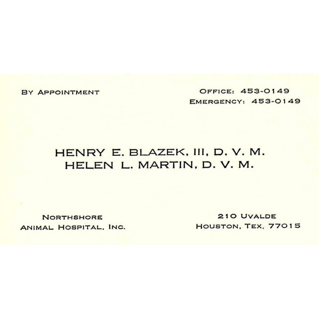 Henry E Blazek III, Helen L Martin D.V.M Houston TX Vintage Business Card SE5-B1