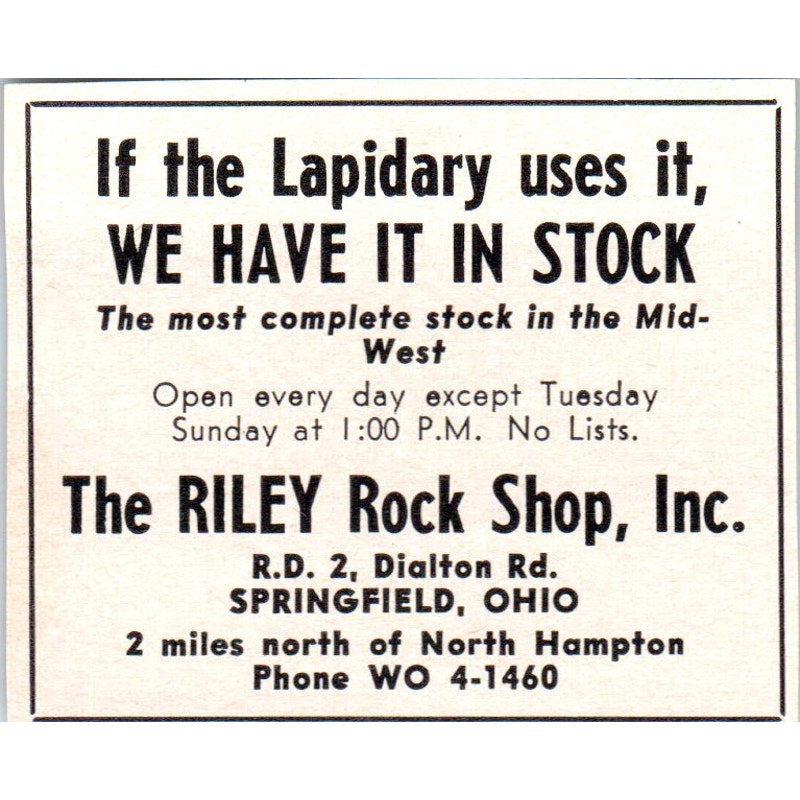 The Riley Rock Shop Lapidary Supply Springfield Ohio 1964 Magazine Ad AB6-M1