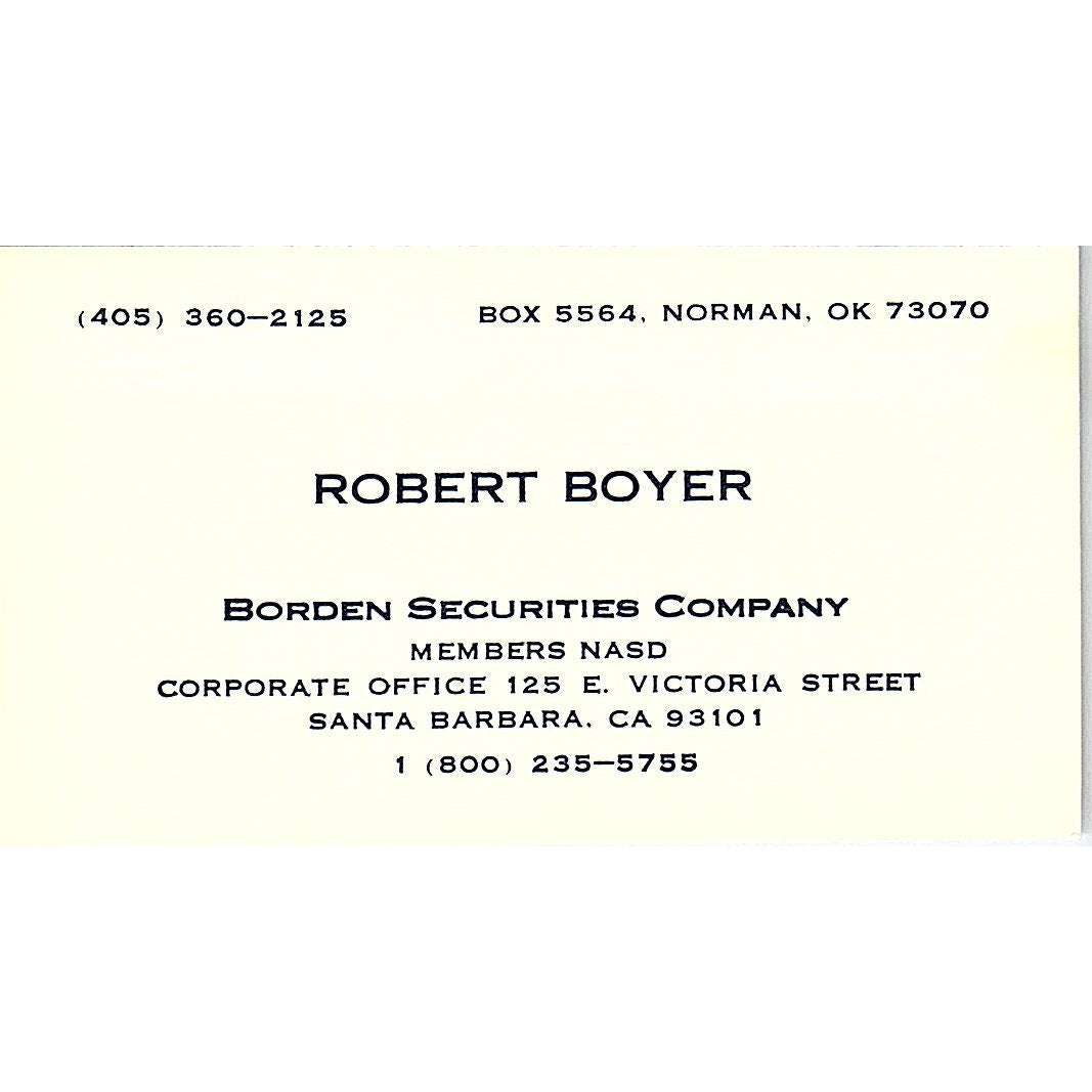 Robert Boyer Borden Securities Santa Barbara CA Norman OK Business Card SF3-B4