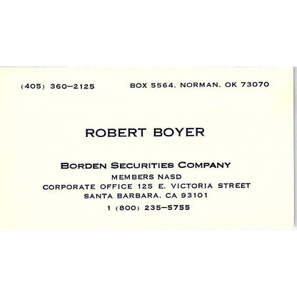 Robert Boyer Borden Securities Santa Barbara CA Norman OK Business Card SF3-B4
