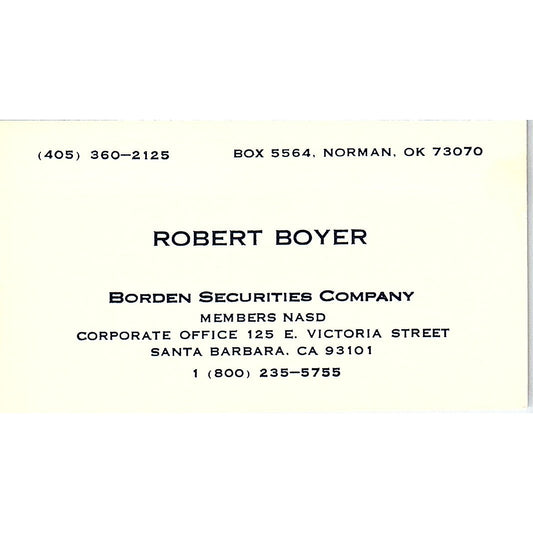 Robert Boyer Borden Securities Santa Barbara CA Norman OK Business Card SF3-B4