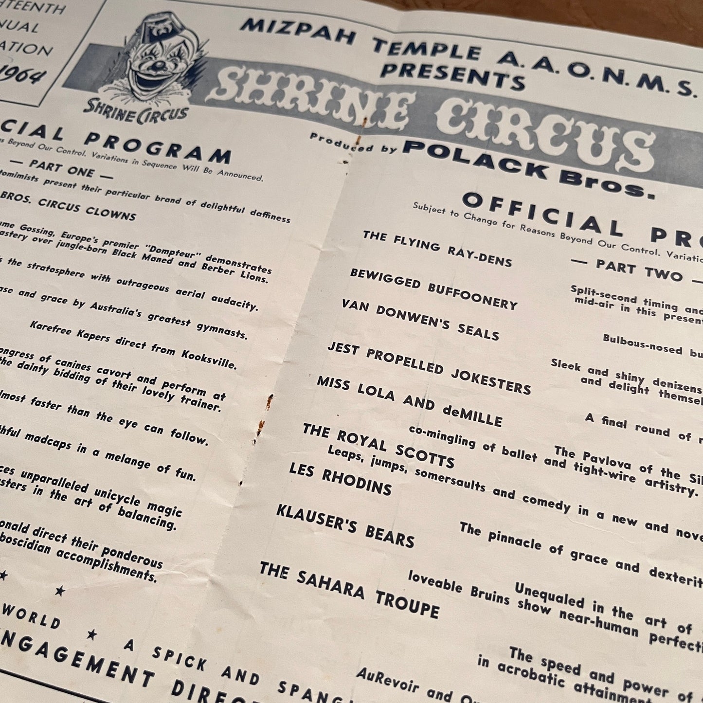 1964 Mizpah Temple Shrine Circus Official Program Ft Wayne Fold Out 1964 AG1-9