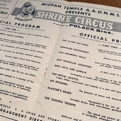 1964 Mizpah Temple Shrine Circus Official Program Ft Wayne Fold Out 1964 AG1-9