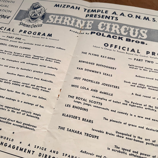 1964 Mizpah Temple Shrine Circus Official Program Ft Wayne Fold Out 1964 AG1-9