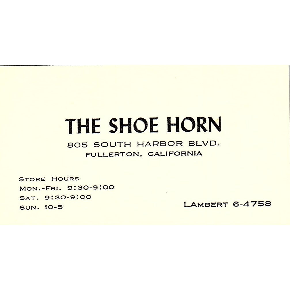 The Shoe Horn Fullerton CA Vintage Business Card SB4-B7