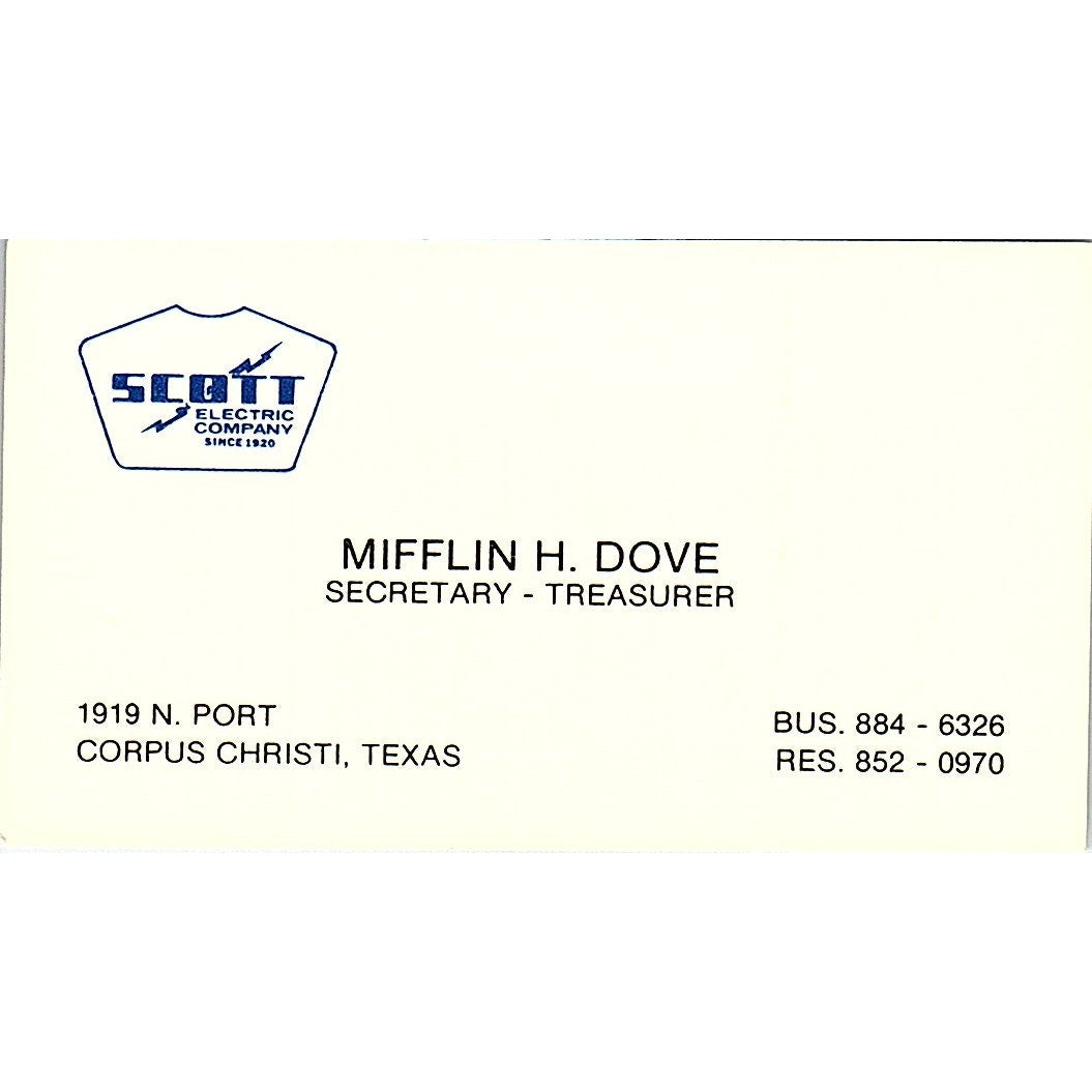 Scott Electric Company Mifflin H. Dove Corpus Christi TX Business Card SF3-B5