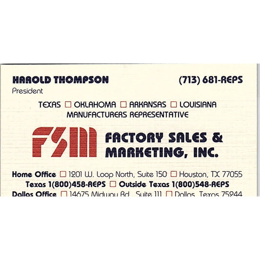 Harold Thompson FSM Factory Sales & Marketing Dallas Vtg Business Card SC9-B9