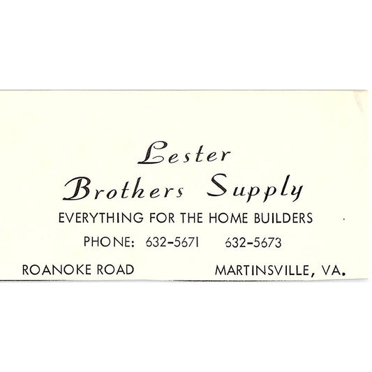 Lester Brothers Supply Roanoke Road Martinsville VA 1960s Ad AG2-M4