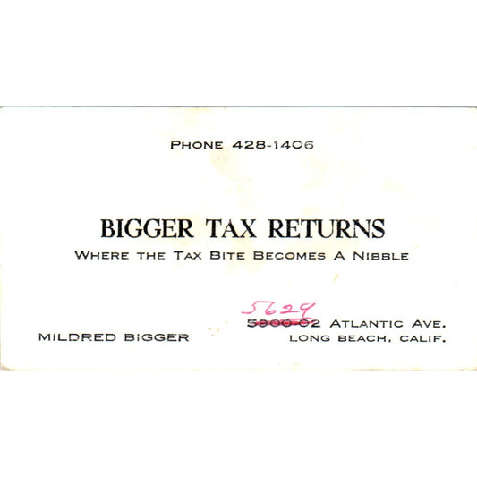 Mildred Bigger Tax Returns Long Beach CA Vintage Business Card SD8-B9