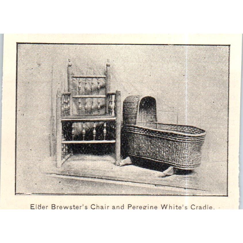 Elder Brewster's Chair and Peregrine White Cradle c1890 Victorian Print AE8-CH10